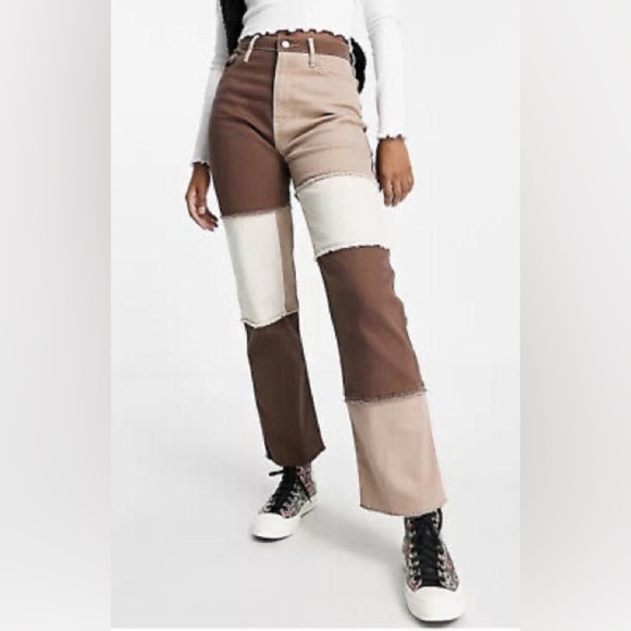 Hollister Ultra High-Rise Dad Jeans Straight Leg Brown Patchwork Y2K - Picture 1 of 9